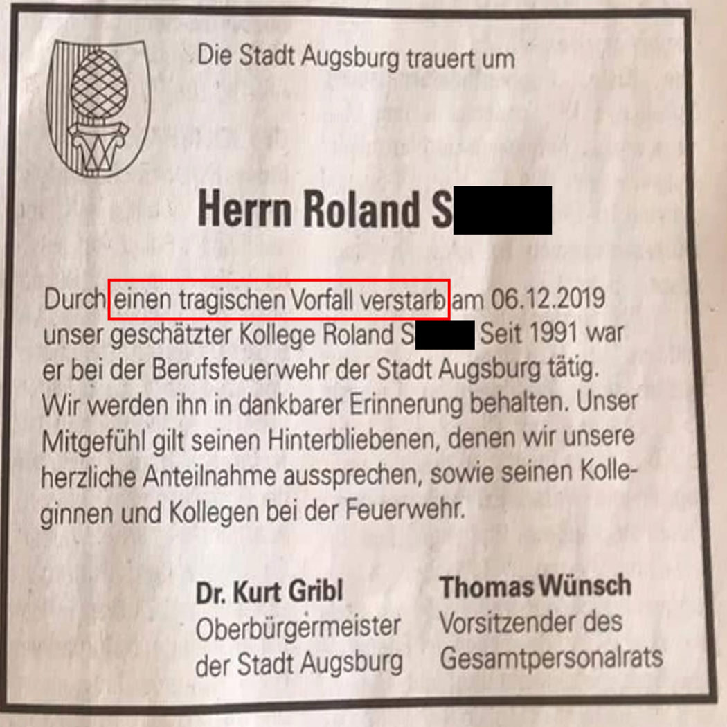 Die Stadt Augsburg trauert um Herrn Roland S.