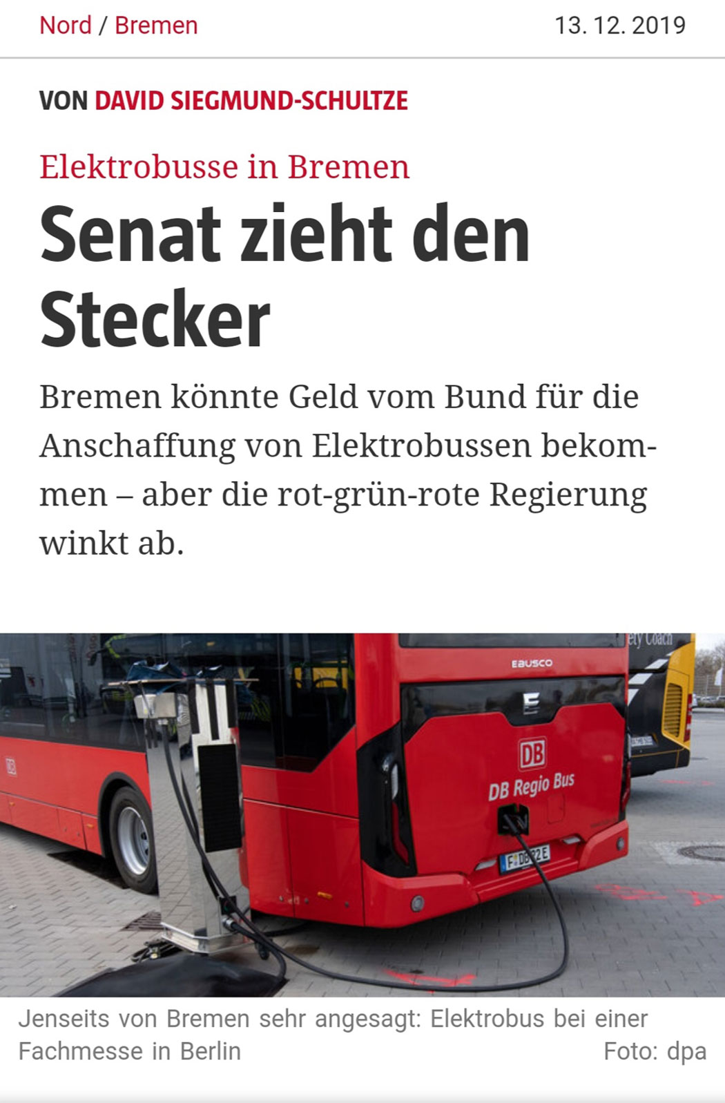 Keine Elektrobusse in Bremen - Senat zieht den Stecker