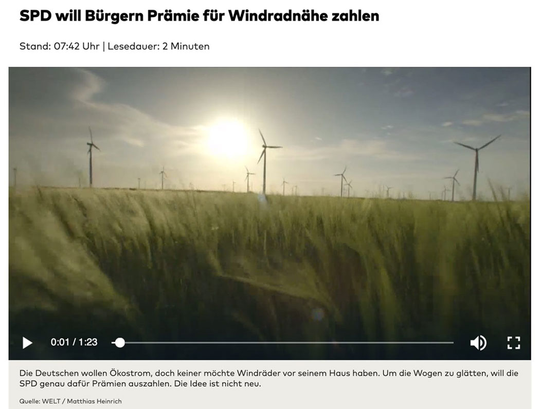 SPD will Bürgern Prämie für Windradnähe zahlen